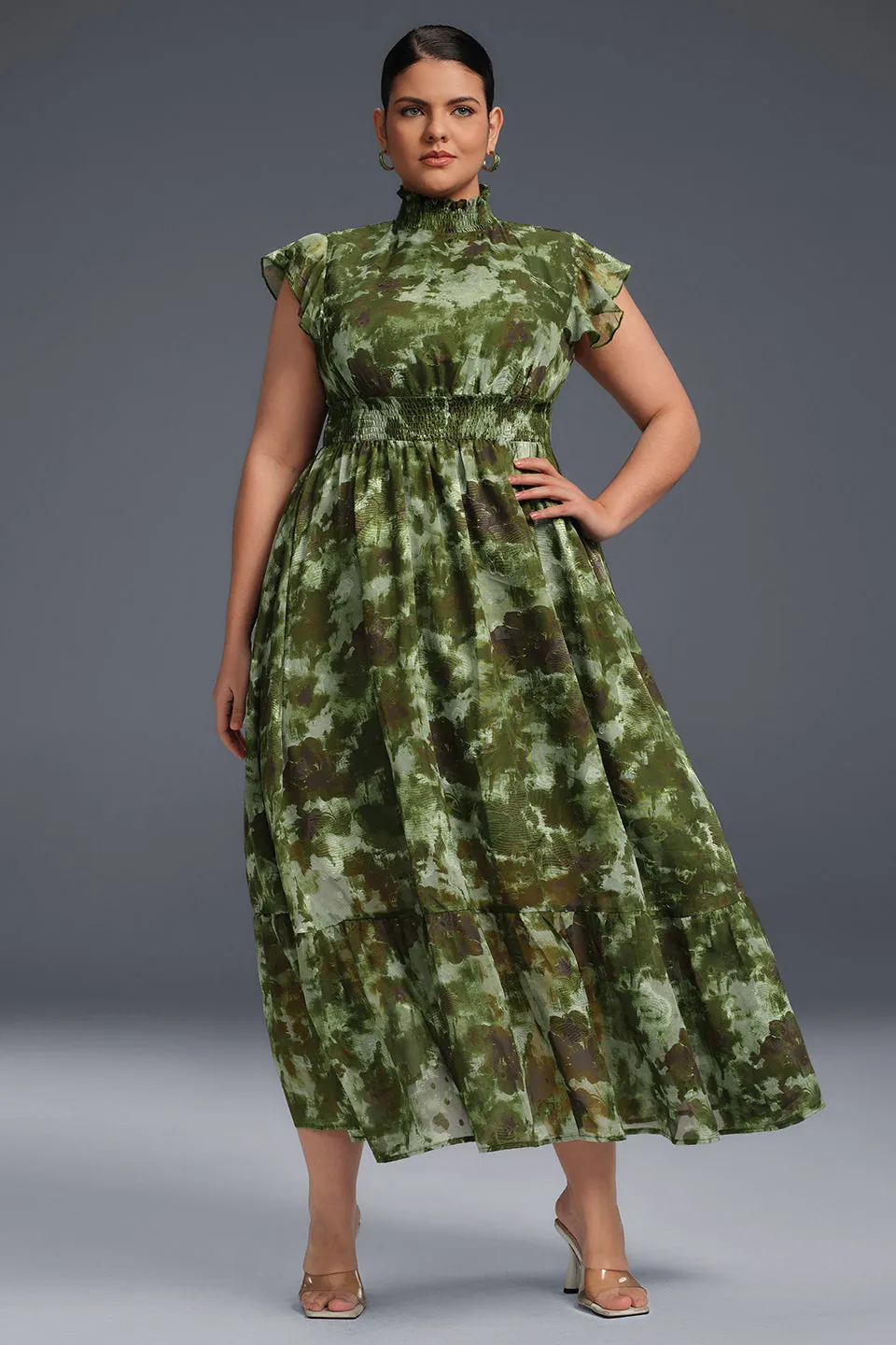 Curveins Plus Size Sleeveless Floral Ruffle Hem Mesh Maxi Dress