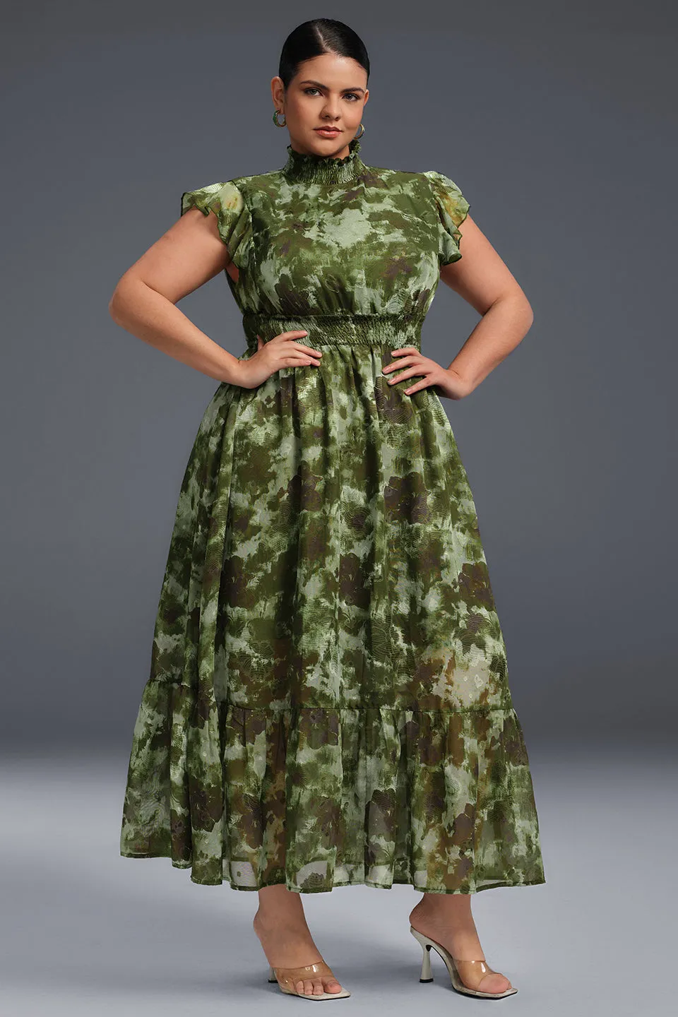Curveins Plus Size Sleeveless Floral Ruffle Hem Mesh Maxi Dress