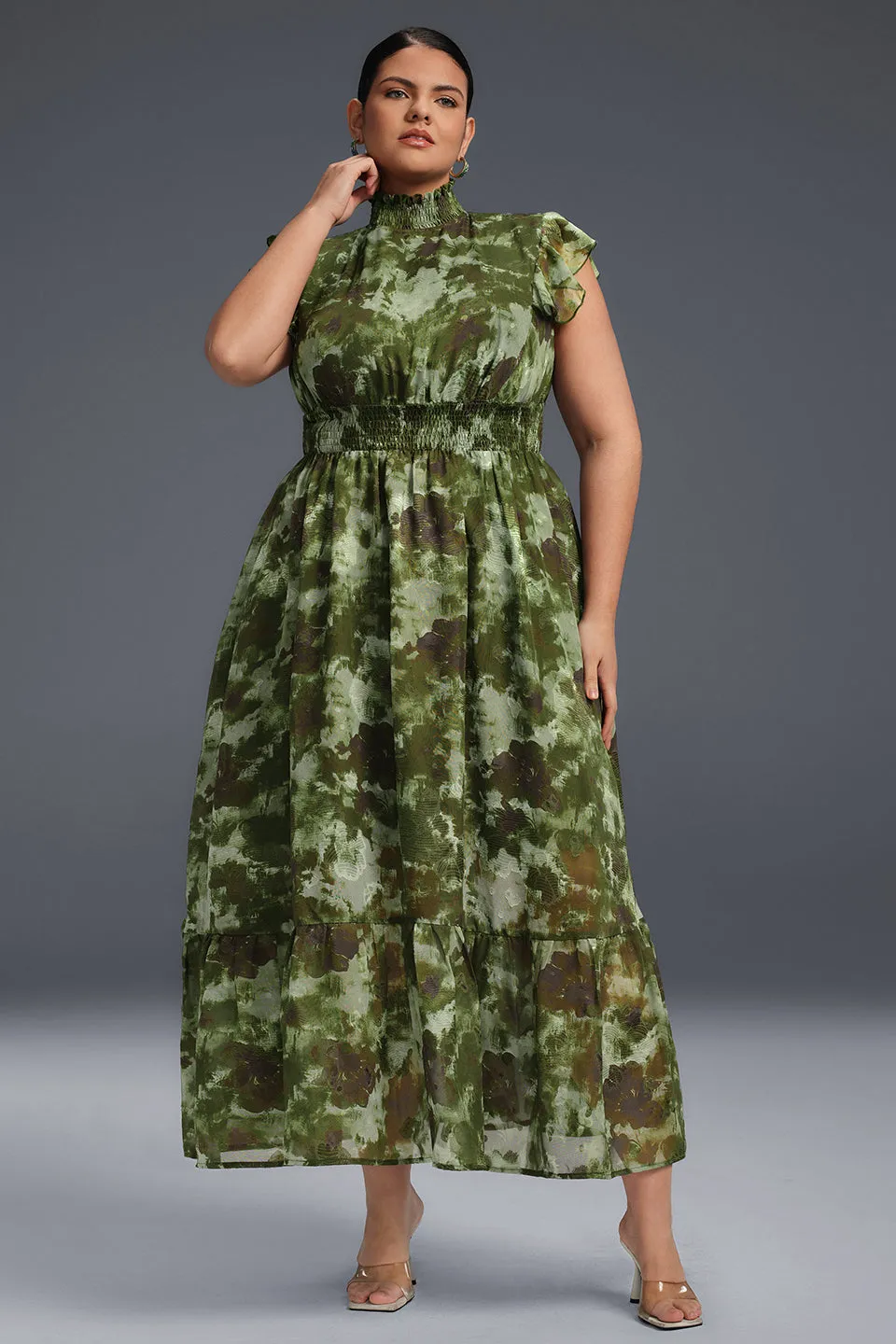 Curveins Plus Size Sleeveless Floral Ruffle Hem Mesh Maxi Dress