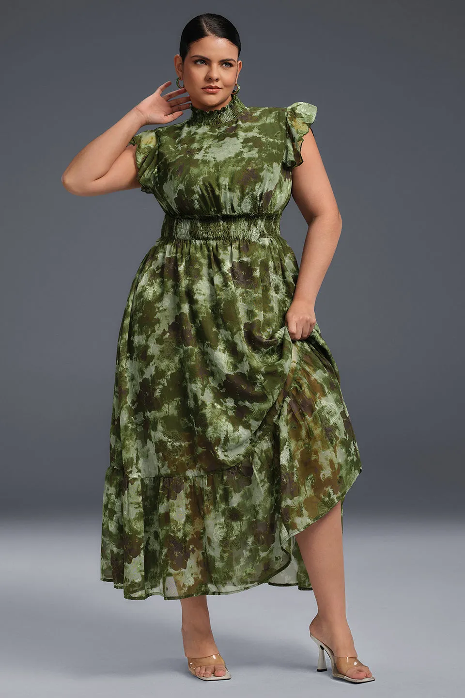 Curveins Plus Size Sleeveless Floral Ruffle Hem Mesh Maxi Dress