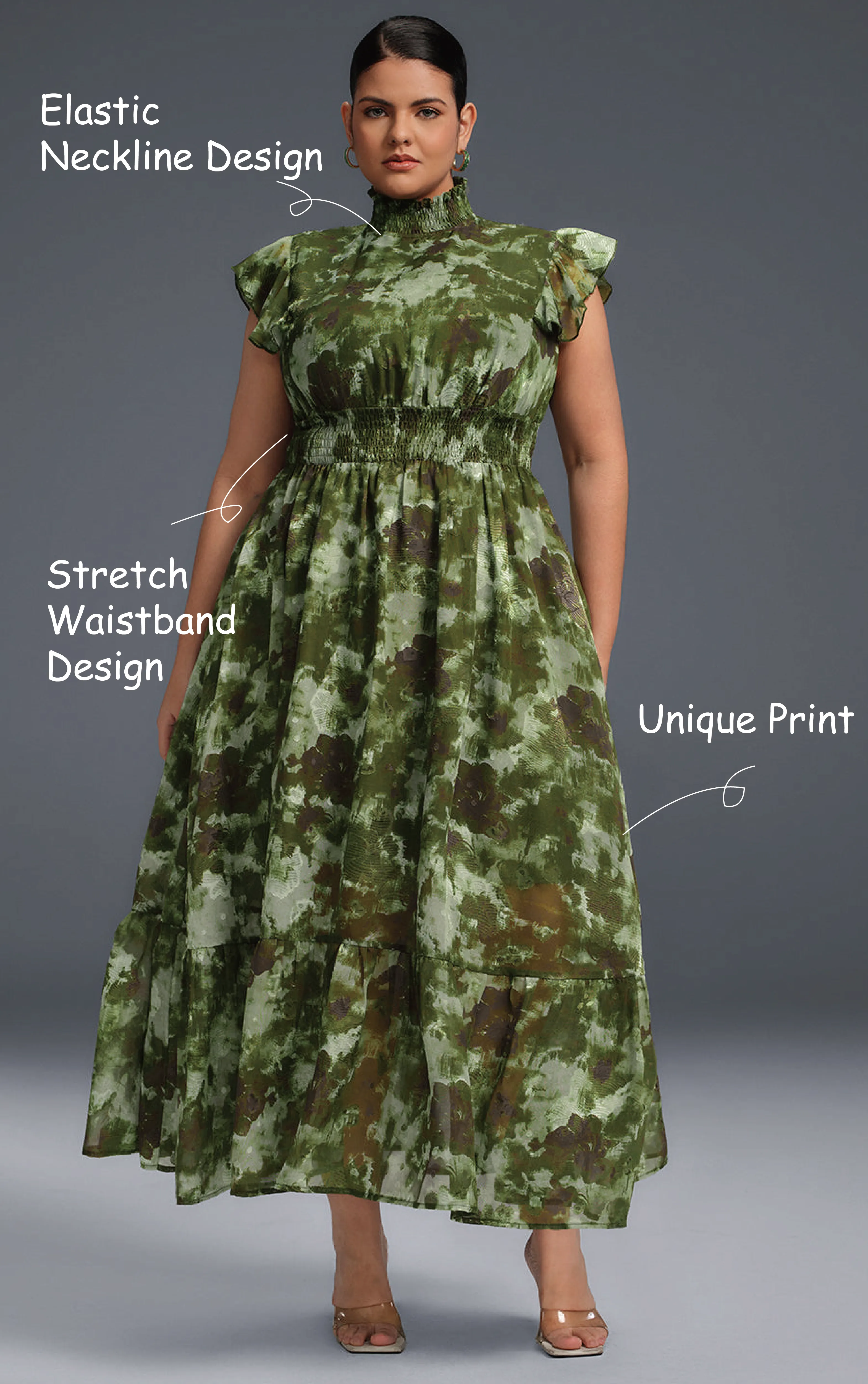 Curveins Plus Size Sleeveless Floral Ruffle Hem Mesh Maxi Dress