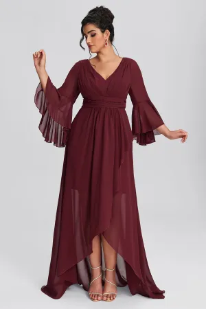 Curveins Plus Size V-Neck Asymmetric Hem Elegant Long Sleeve Dress