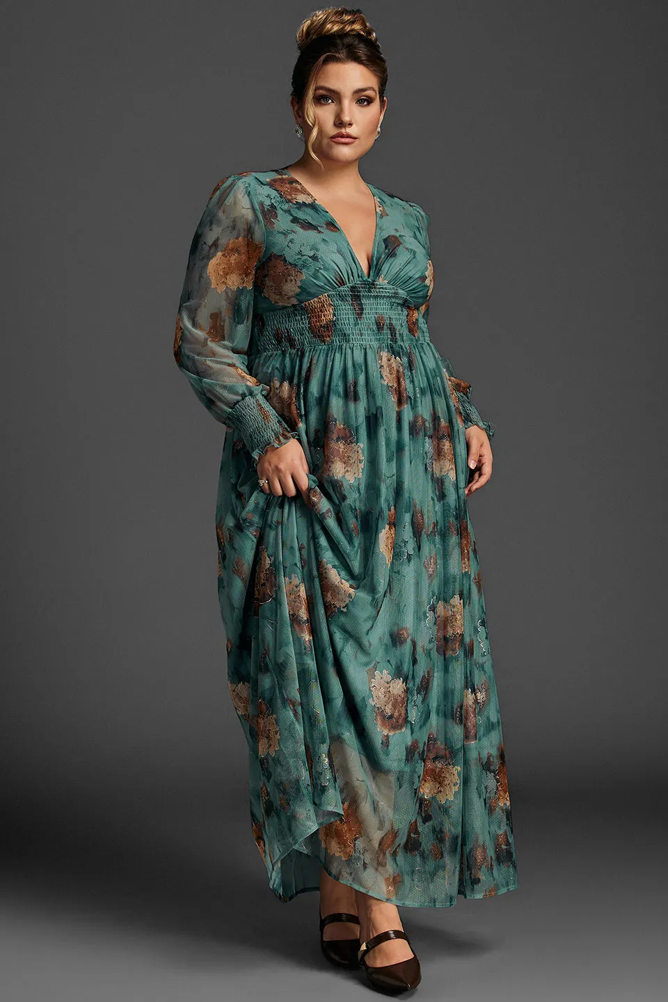Curveins Plus Size V-Neck Floral Mesh Maxi Dress