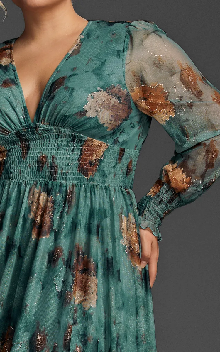 Curveins Plus Size V-Neck Floral Mesh Maxi Dress
