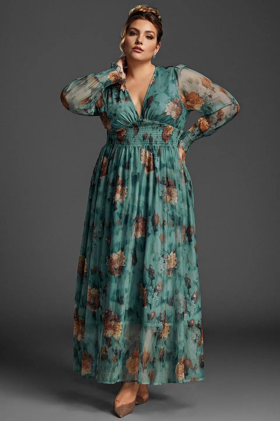 Curveins Plus Size V-Neck Floral Mesh Maxi Dress
