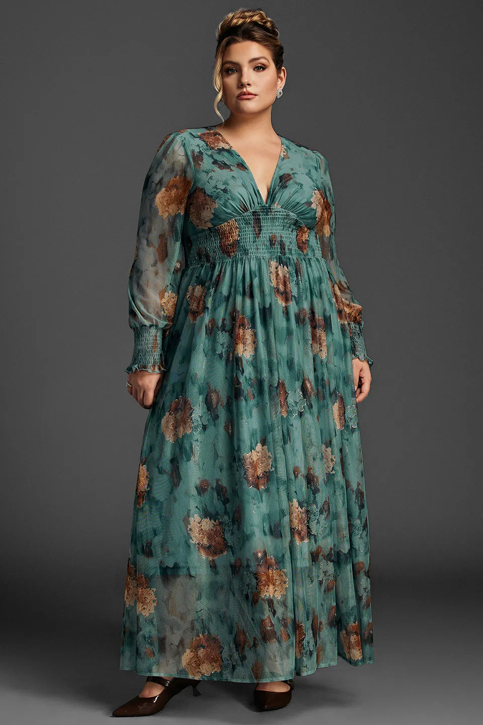Curveins Plus Size V-Neck Floral Mesh Maxi Dress