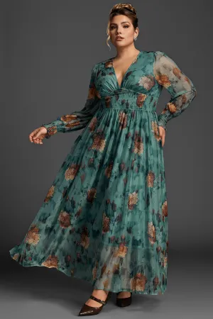 Curveins Plus Size V-Neck Floral Mesh Maxi Dress