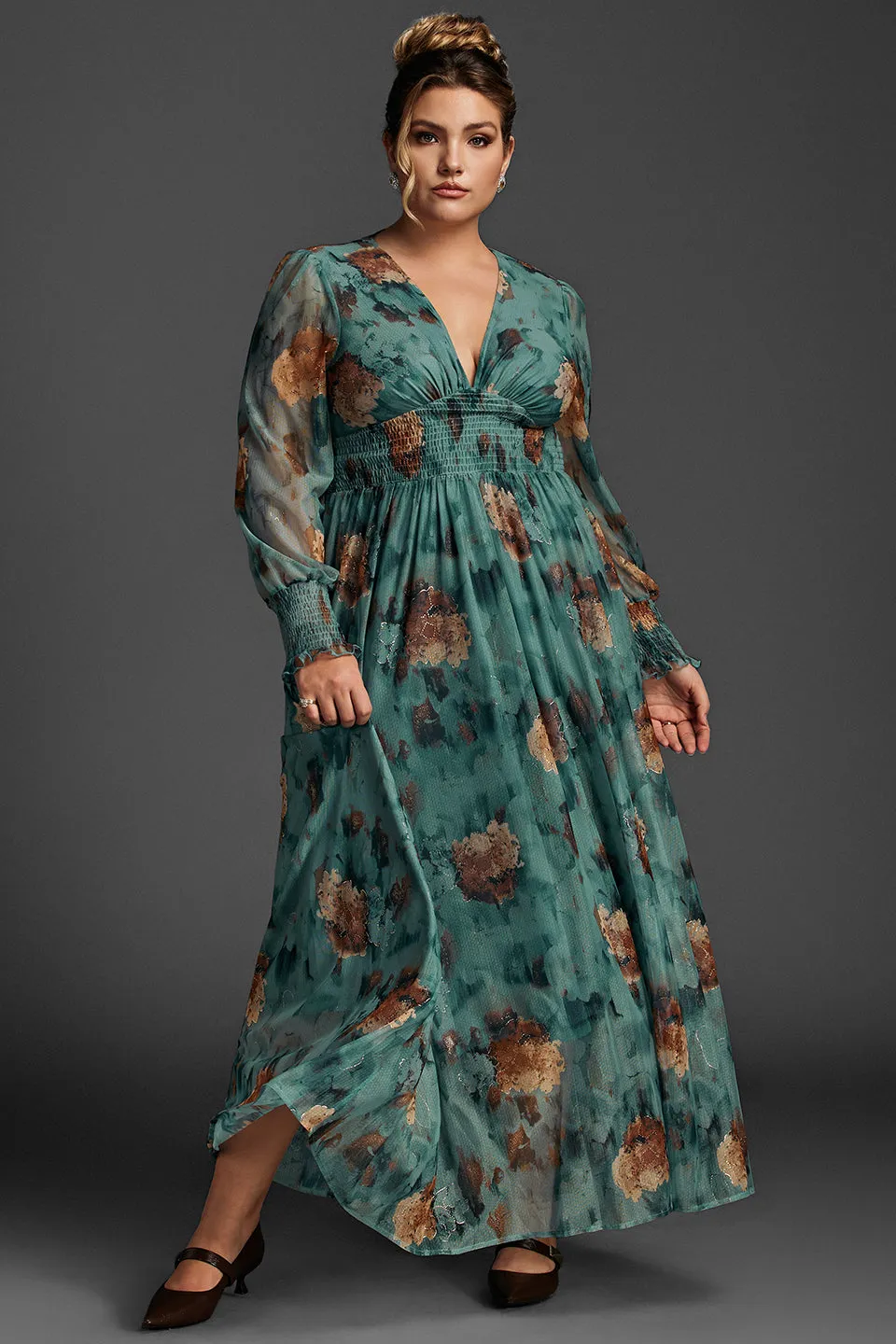 Curveins Plus Size V-Neck Floral Mesh Maxi Dress
