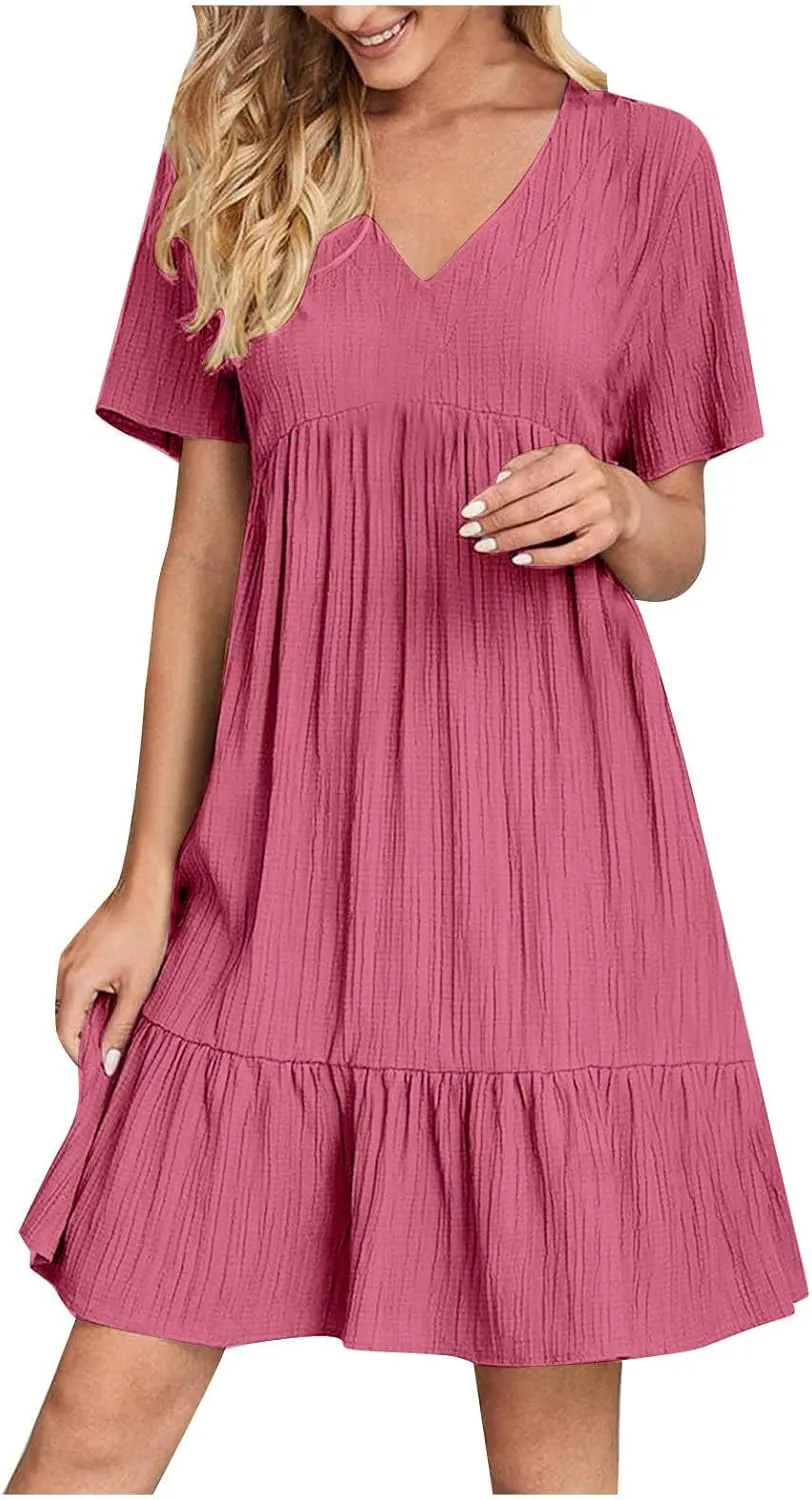 DDAPJ pyju Womens Summer Dresses 2025 V Neck Sleeveless Mini Babydoll Dress Casual Loose Flowy Tiered Beach Vacation Sundress