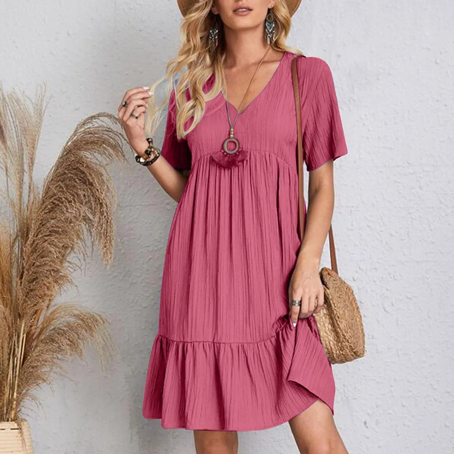 DDAPJ pyju Womens Summer Dresses 2025 V Neck Sleeveless Mini Babydoll Dress Casual Loose Flowy Tiered Beach Vacation Sundress