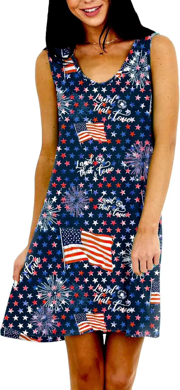Deerose Women 4th of July Sleeeveless Dress Patriotic V Neck Tank Dresses with Pockets