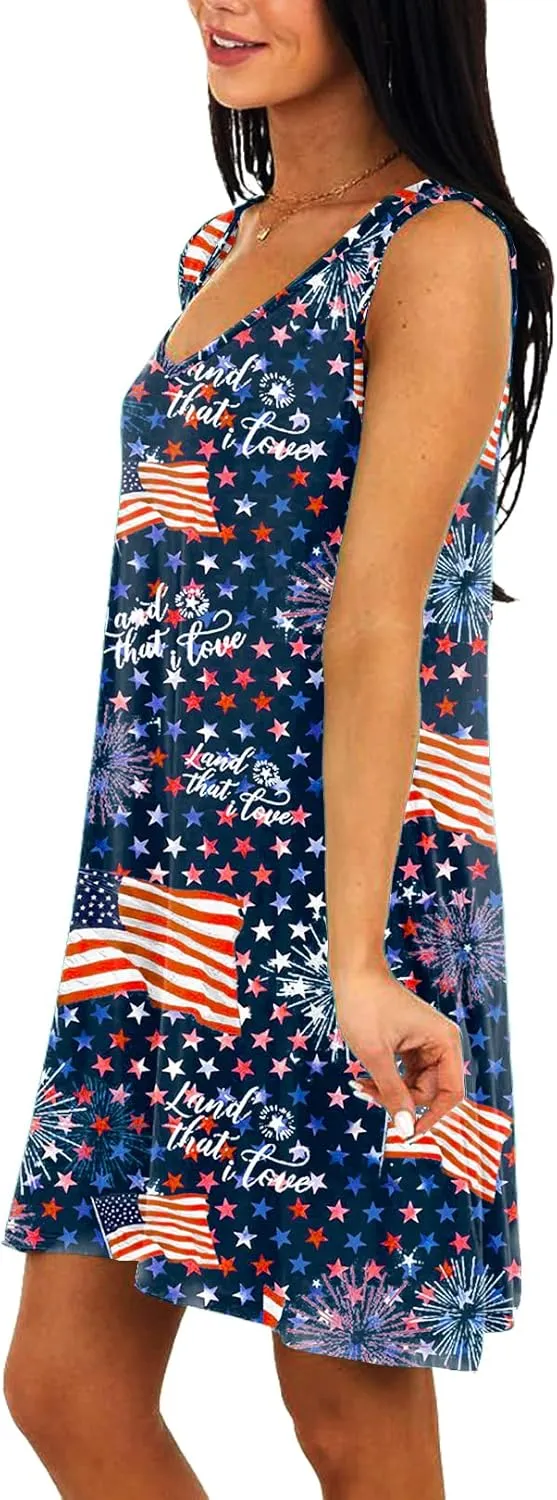 Deerose Women 4th of July Sleeeveless Dress Patriotic V Neck Tank Dresses with Pockets
