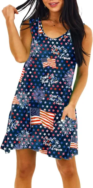 Deerose Women 4th of July Sleeeveless Dress Patriotic V Neck Tank Dresses with Pockets