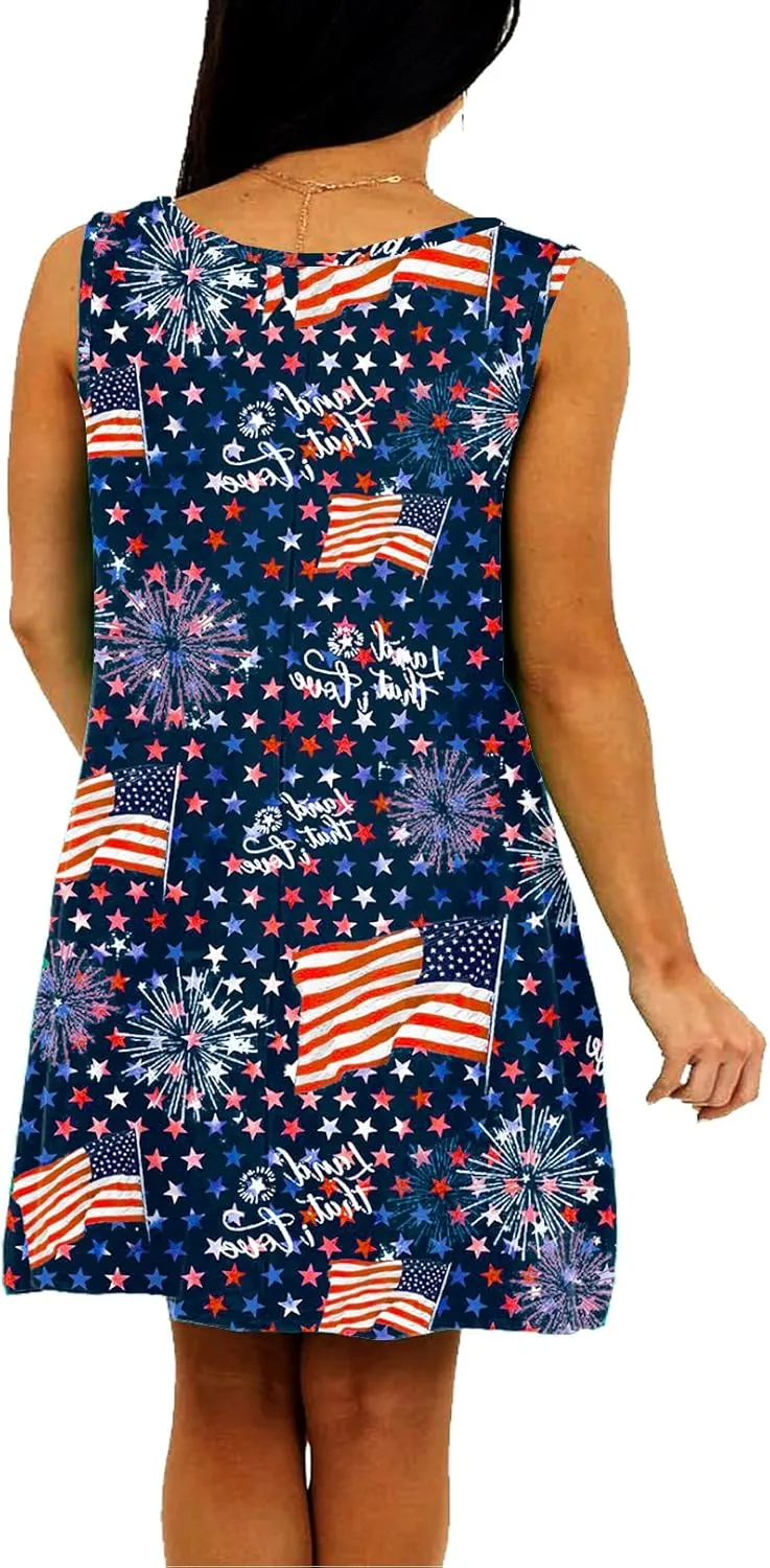 Deerose Women 4th of July Sleeeveless Dress Patriotic V Neck Tank Dresses with Pockets