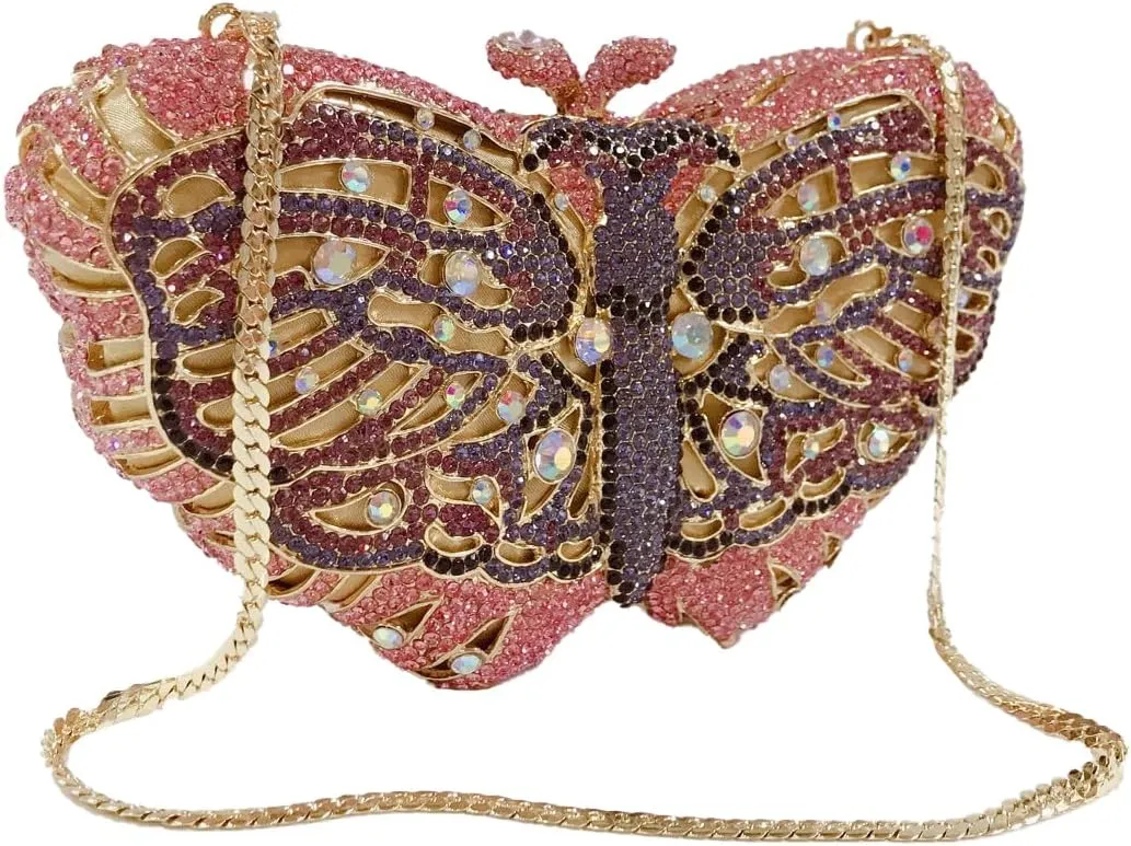 DJBM Elegant Butterfly Clutch Bag Sparkly Diamond Evening Chain Purse for Women Banquet Gathering