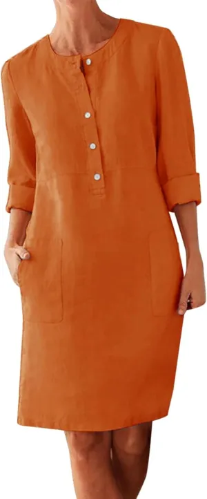 Dresses for Women 2024 Casual Cotton Linen Midi Dress with Pockets Button Down Crew Neck Long Sleeve Summer Dress