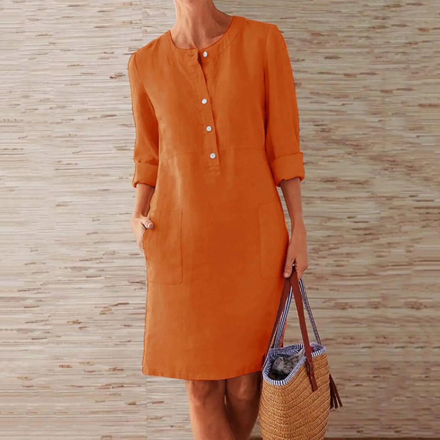 Dresses for Women 2024 Casual Cotton Linen Midi Dress with Pockets Button Down Crew Neck Long Sleeve Summer Dress