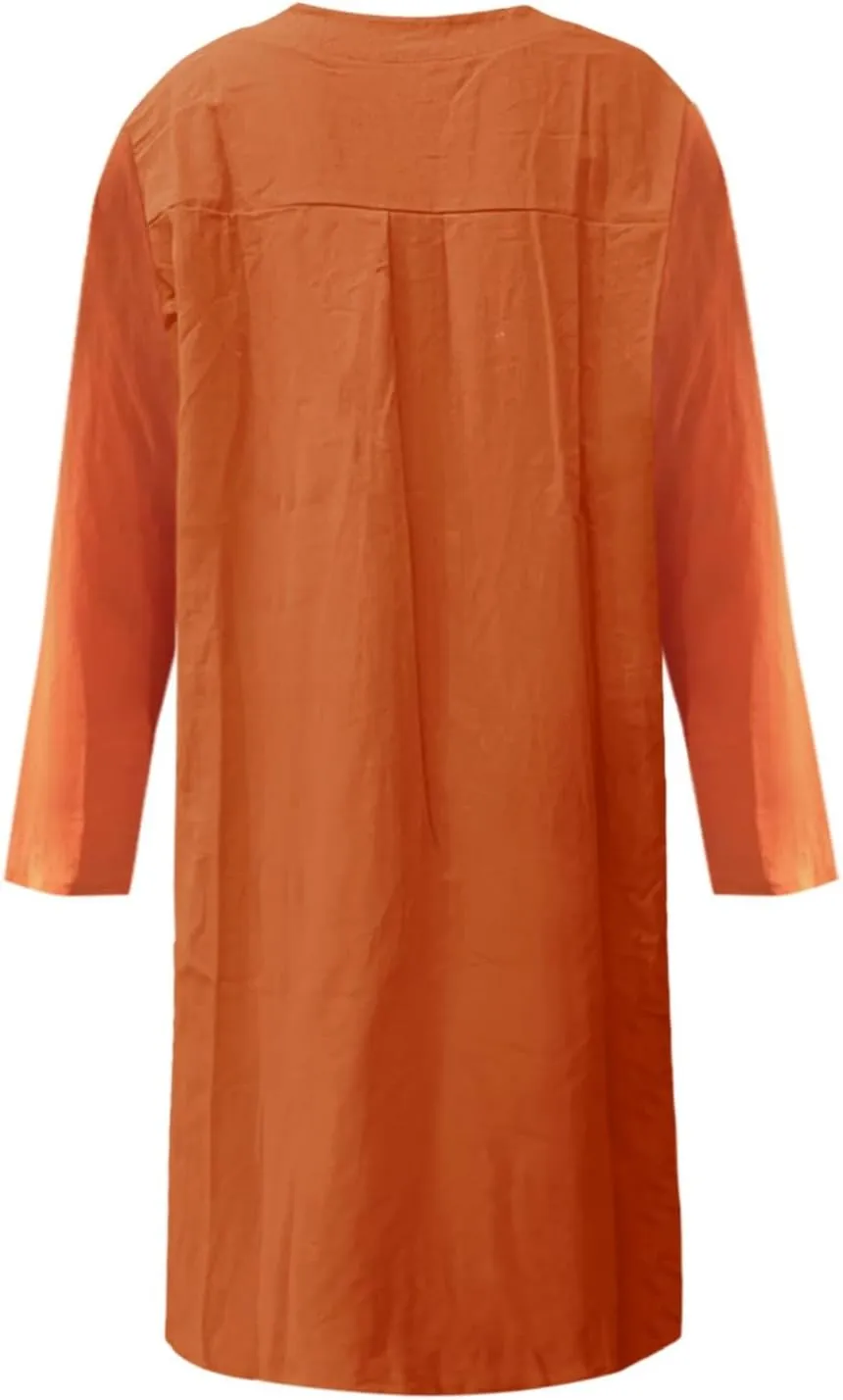 Dresses for Women 2024 Casual Cotton Linen Midi Dress with Pockets Button Down Crew Neck Long Sleeve Summer Dress