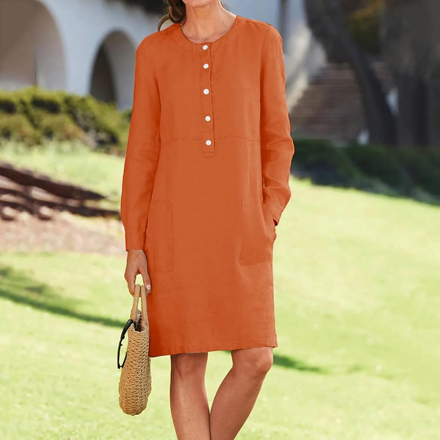 Dresses for Women 2024 Casual Cotton Linen Midi Dress with Pockets Button Down Crew Neck Long Sleeve Summer Dress