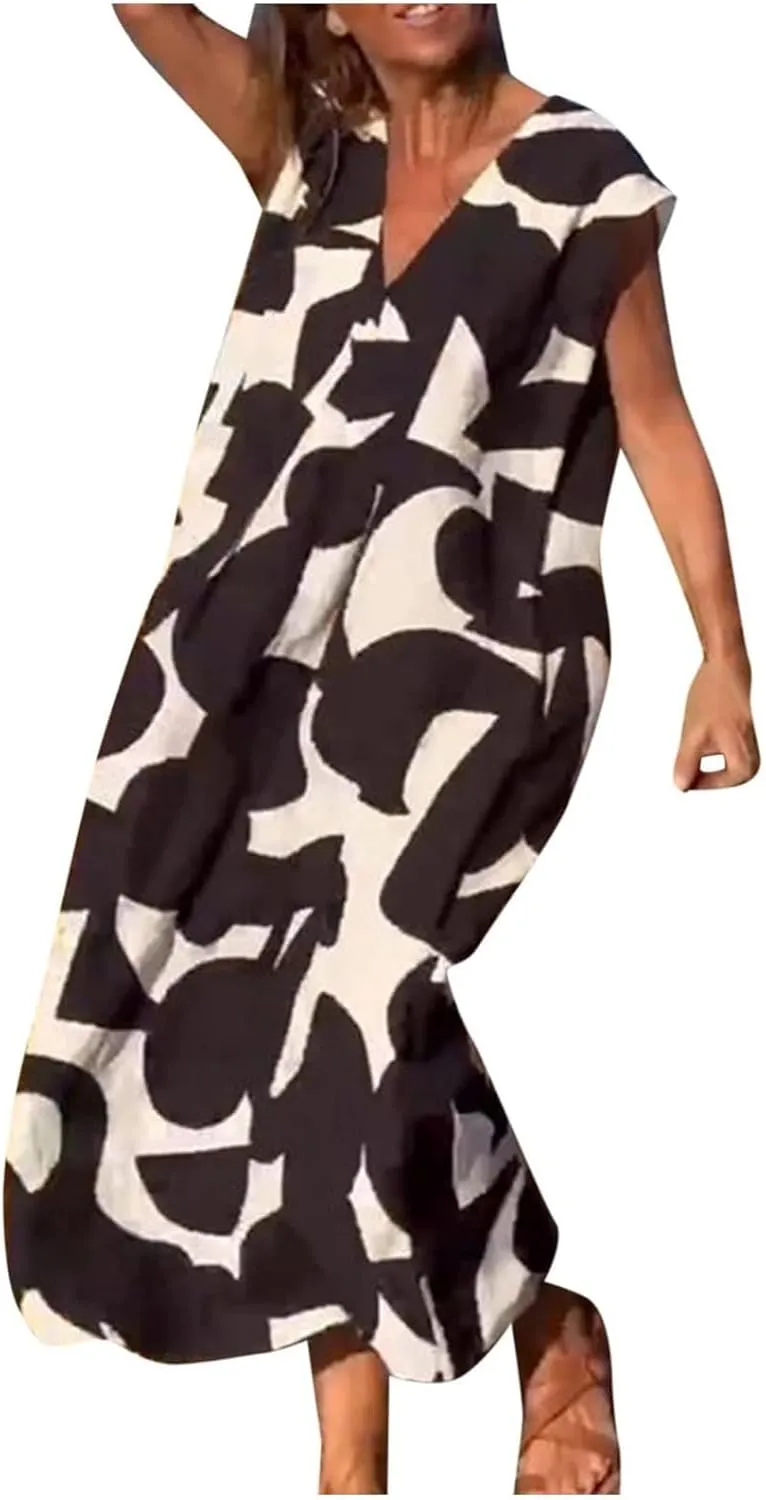 Dresses for Women 2024, Hawaiian Bohemian Flowy Irregular Summer Cocktail Dress V-Neck Casual Sleeveless Dressses