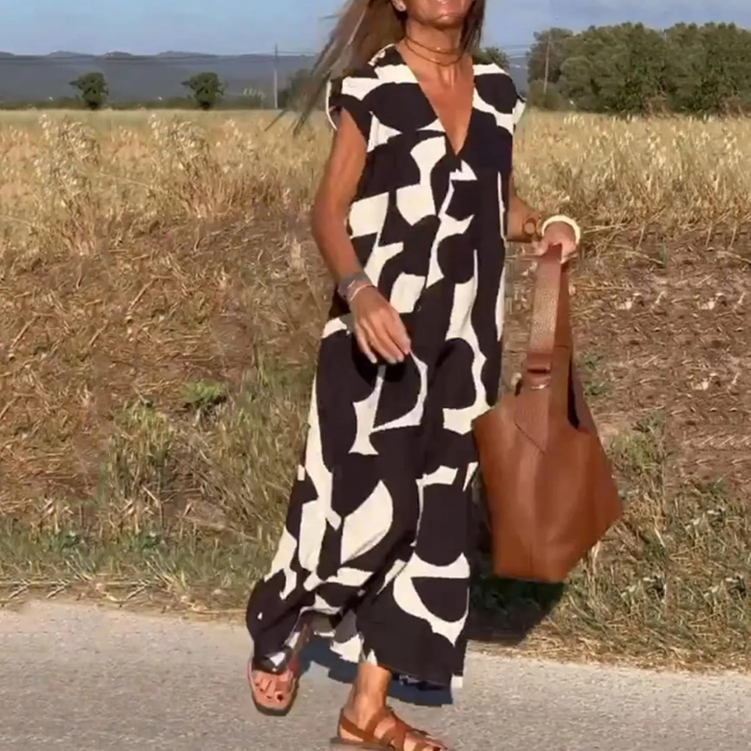 Dresses for Women 2024, Hawaiian Bohemian Flowy Irregular Summer Cocktail Dress V-Neck Casual Sleeveless Dressses