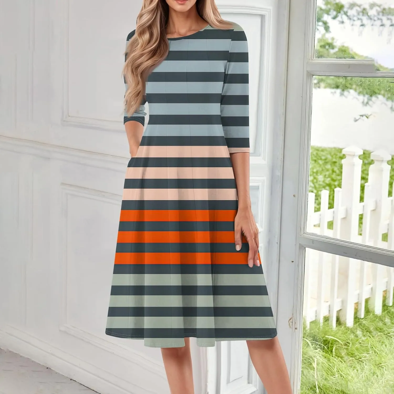 Dresses for Women 2025 Casual Summer Spring Midi Elegant Shirt Dress Knee Length Trendy Floral Sundresses 3/4 Sleeve