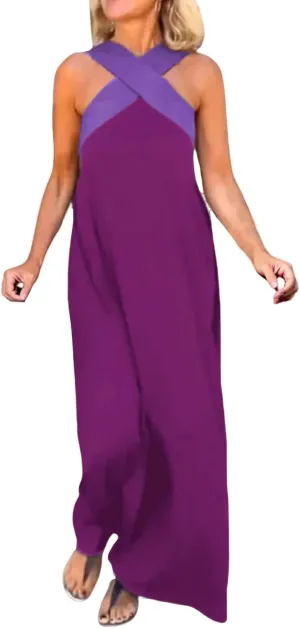 Dresses for Women 2025 Causal Summer Crossover Halter Neck Sleeveless Maxi Dress Trendy Sexy Backless Beach Long Dress