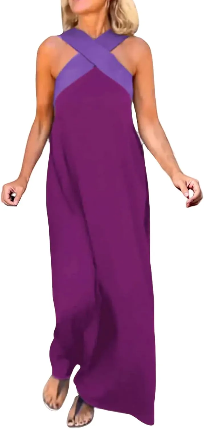 Dresses for Women 2025 Causal Summer Crossover Halter Neck Sleeveless Maxi Dress Trendy Sexy Backless Beach Long Dress