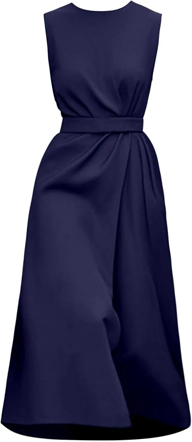 Dresses for Women 2025 Elegant Classy Sleeveless Crewneck Maxi Dresses Waist Belt A Line Dress Wedding Guest Dress