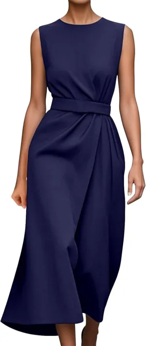 Dresses for Women 2025 Elegant Classy Sleeveless Crewneck Maxi Dresses Waist Belt A Line Dress Wedding Guest Dress