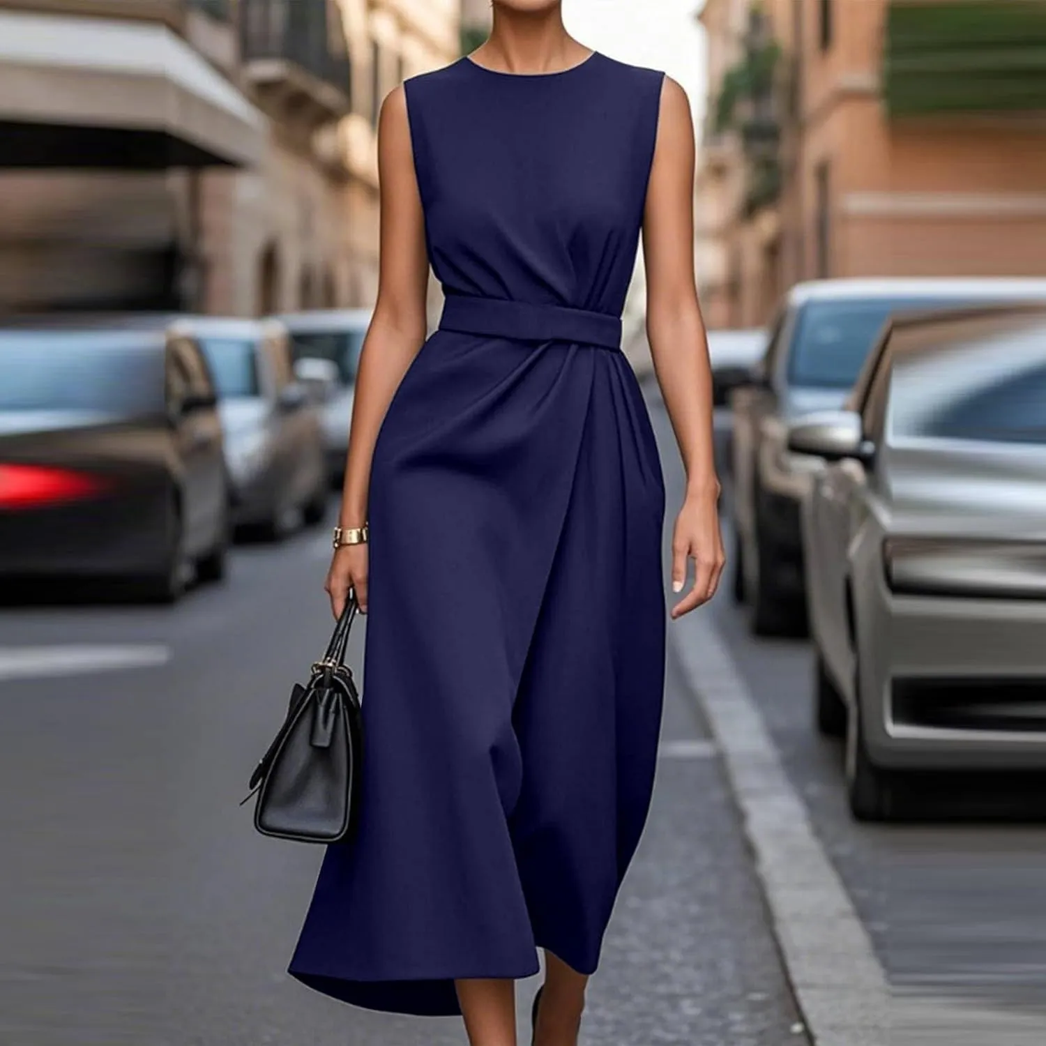 Dresses for Women 2025 Elegant Classy Sleeveless Crewneck Maxi Dresses Waist Belt A Line Dress Wedding Guest Dress