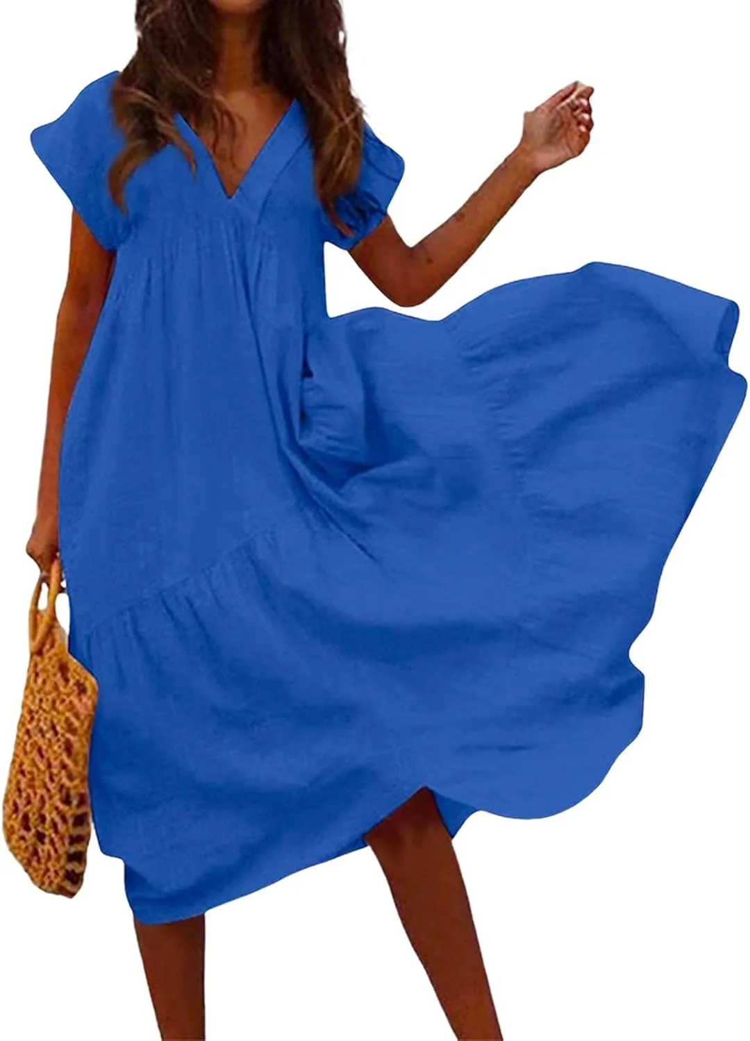 Dresses for Women 2025 Summer Casual Trendy Short Sleeve V-Neck Solid Color Flowy Beach Maxi Linen Dress, S-2XL