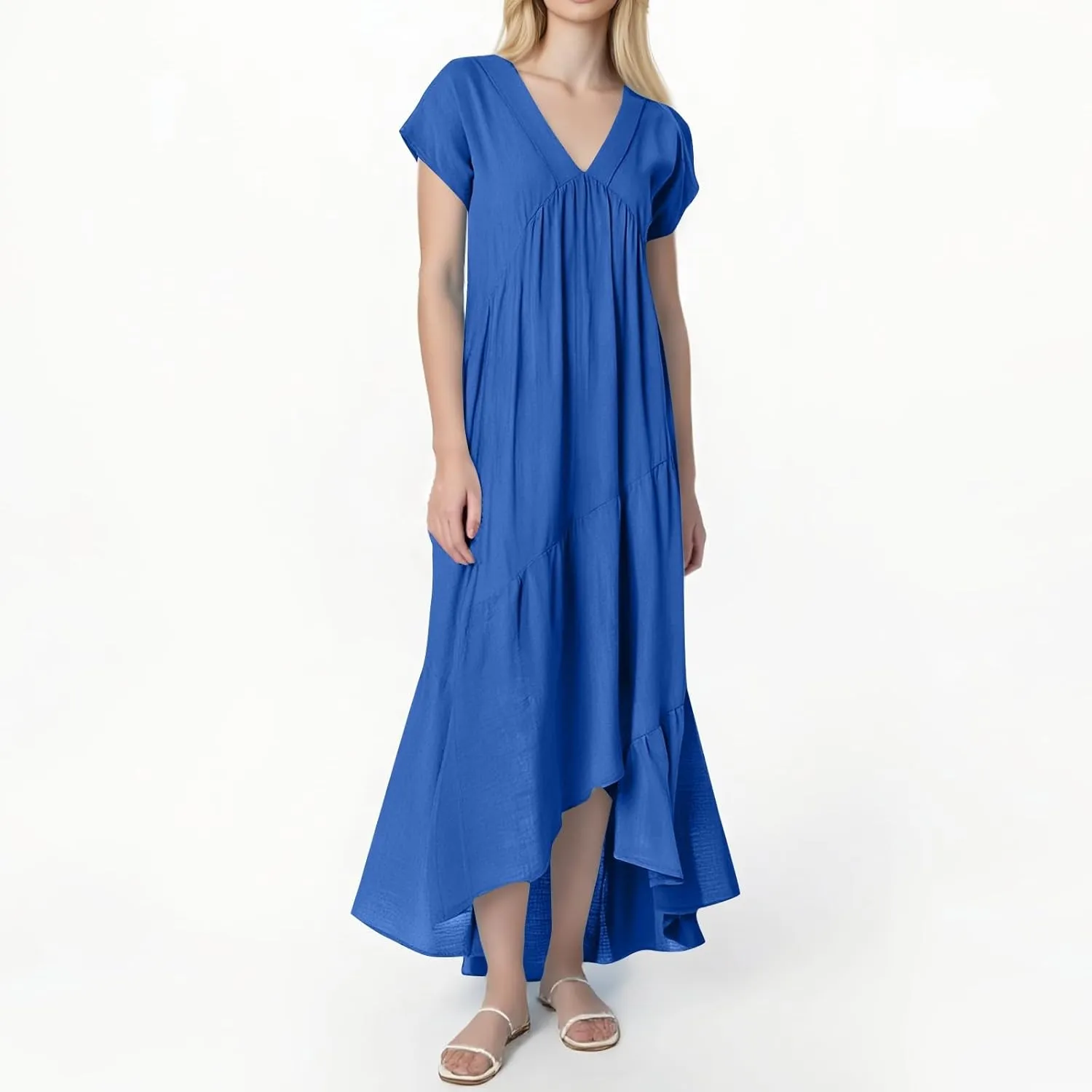 Dresses for Women 2025 Summer Casual Trendy Short Sleeve V-Neck Solid Color Flowy Beach Maxi Linen Dress, S-2XL