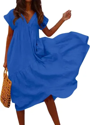 Dresses for Women 2025 Summer Casual Trendy Short Sleeve V-Neck Solid Color Flowy Beach Maxi Linen Dress, S-2XL