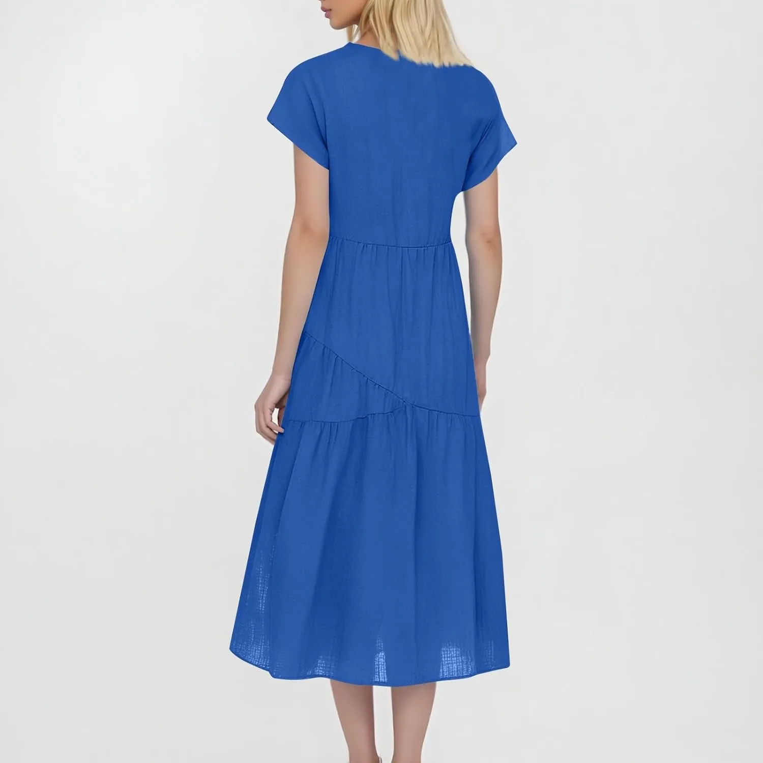 Dresses for Women 2025 Summer Casual Trendy Short Sleeve V-Neck Solid Color Flowy Beach Maxi Linen Dress, S-2XL