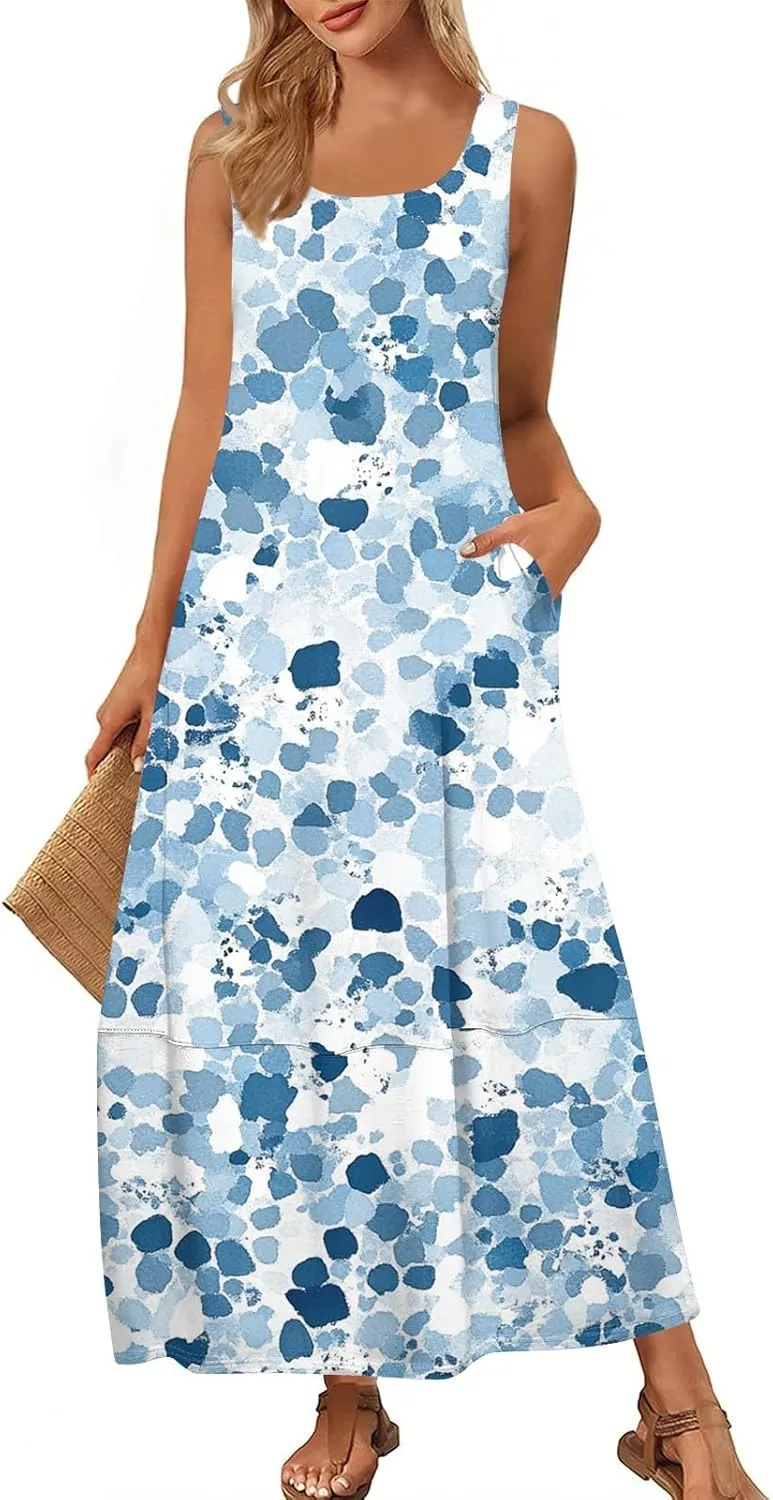 Dresses for Women 2025;Summer Sleeveless Boho Sundresses Scoop Neck Print Loose Fit Tank Dresses Summer Basic Casual