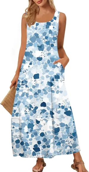 Dresses for Women 2025;Summer Sleeveless Boho Sundresses Scoop Neck Print Loose Fit Tank Dresses Summer Basic Casual