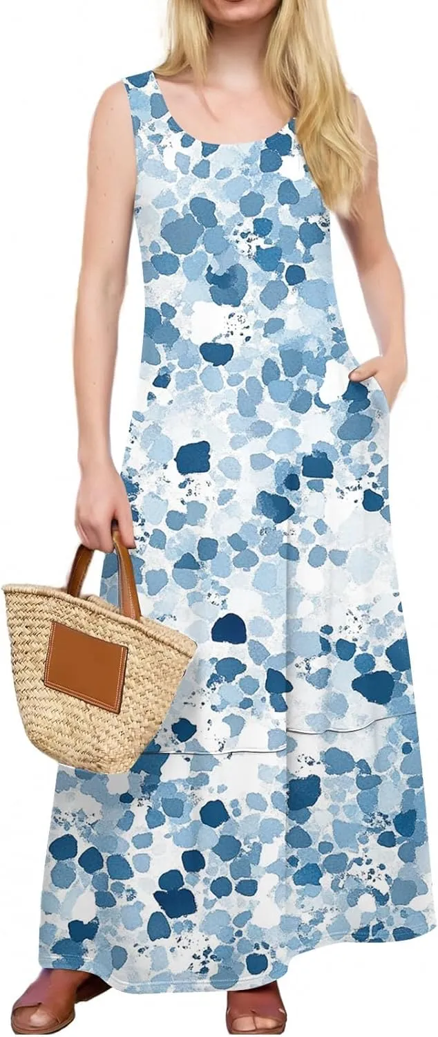Dresses for Women 2025;Summer Sleeveless Boho Sundresses Scoop Neck Print Loose Fit Tank Dresses Summer Basic Casual