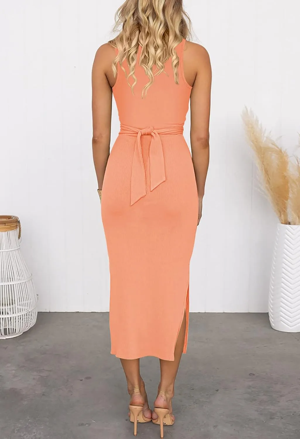 Duigluw Women's Summer Knit Sleeveless Crosscriss Cutout Ruched Bodycon Midi Dress with Slit