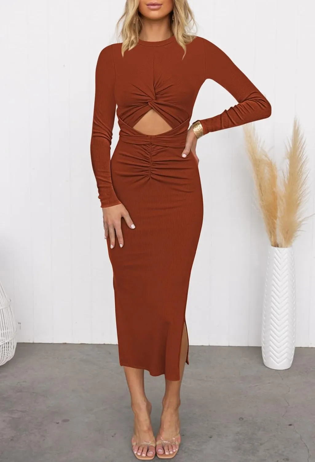 Duigluw Women's Summer Knit Sleeveless Crosscriss Cutout Ruched Bodycon Midi Dress with Slit