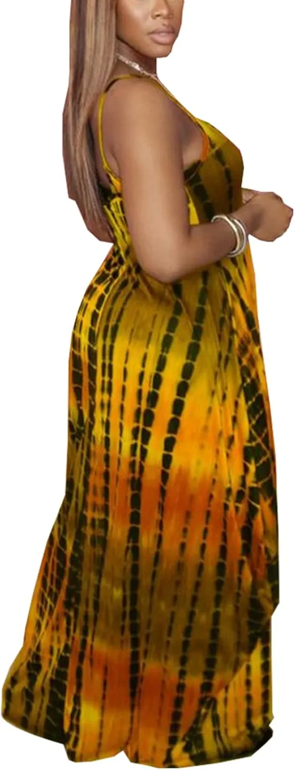 DvaeMalligo Women's Casual Maxi Dresses Summer Sexy Stripe Long Floor Length Sleeveless Colorful Sundresses Plus Size