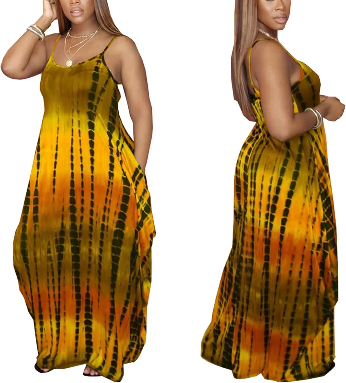 DvaeMalligo Women's Casual Maxi Dresses Summer Sexy Stripe Long Floor Length Sleeveless Colorful Sundresses Plus Size