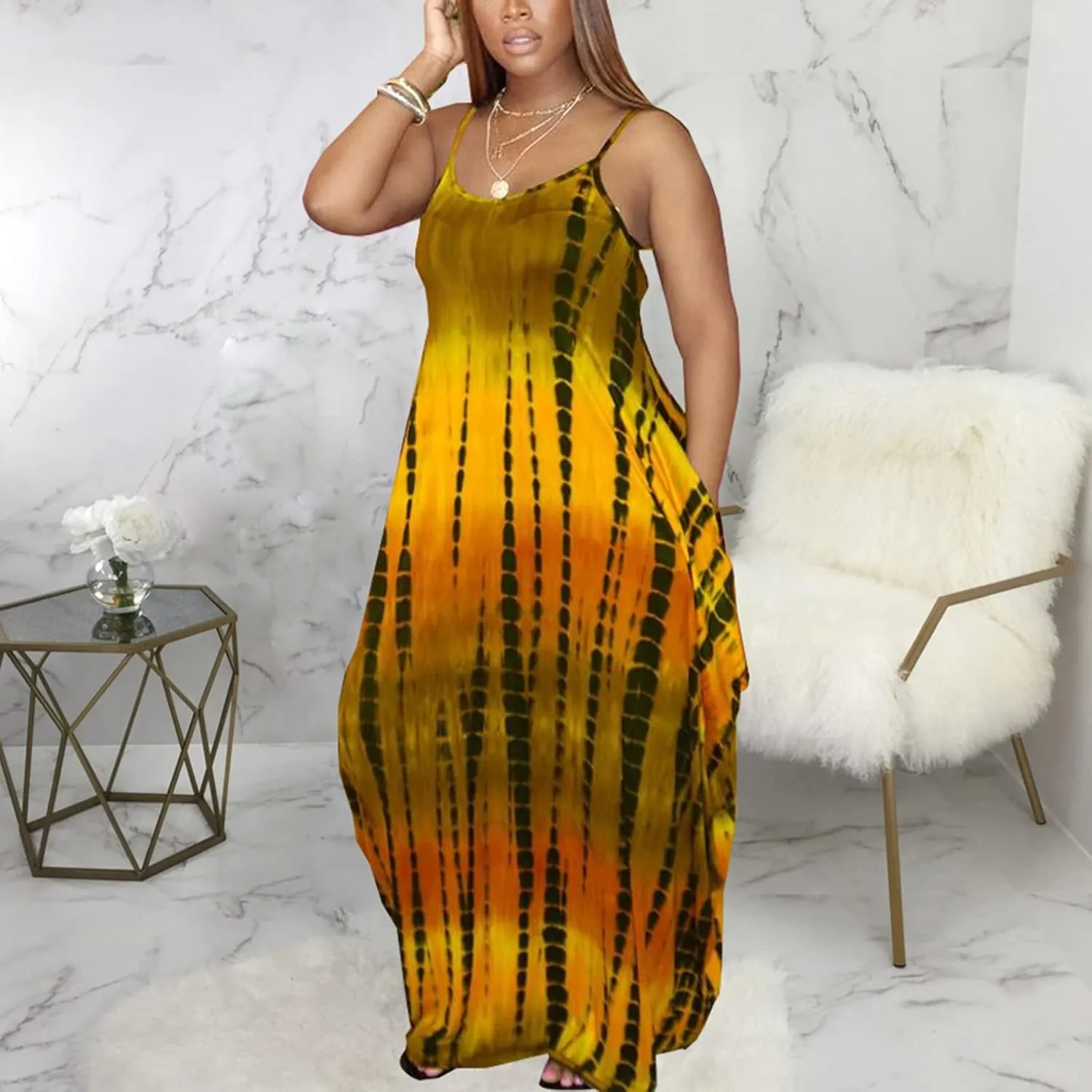DvaeMalligo Women's Casual Maxi Dresses Summer Sexy Stripe Long Floor Length Sleeveless Colorful Sundresses Plus Size