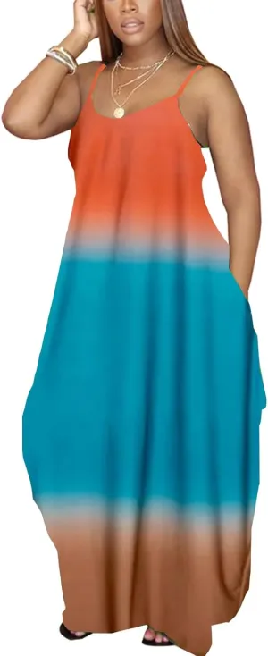 DvaeMalligo Women's Casual Maxi Dresses Summer Sexy Stripe Long Floor Length Sleeveless Colorful Sundresses Plus Size