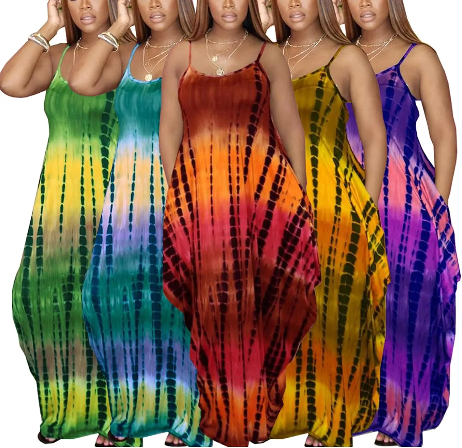DvaeMalligo Women's Casual Maxi Dresses Summer Sexy Stripe Long Floor Length Sleeveless Colorful Sundresses Plus Size