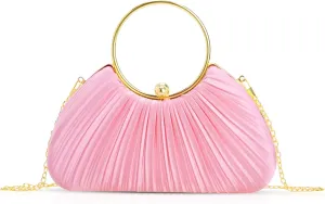 Evening Bag, Clutch Purses for Women, Pleated Satin Round Handle, Crossbody Bag for Wedding PartyPink
