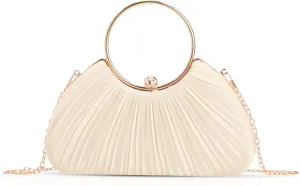 Evening Bag, Clutch Purses for Women, Pleated Satin Round Handle, Crossbody Bag for Wedding PartyWhite