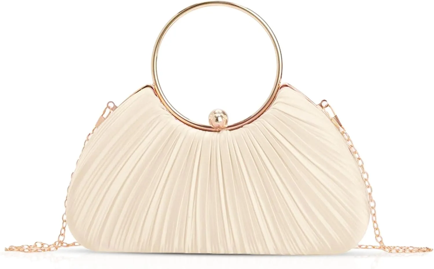 Evening Bag, Clutch Purses for Women, Pleated Satin Round Handle, Crossbody Bag for Wedding PartyWhite