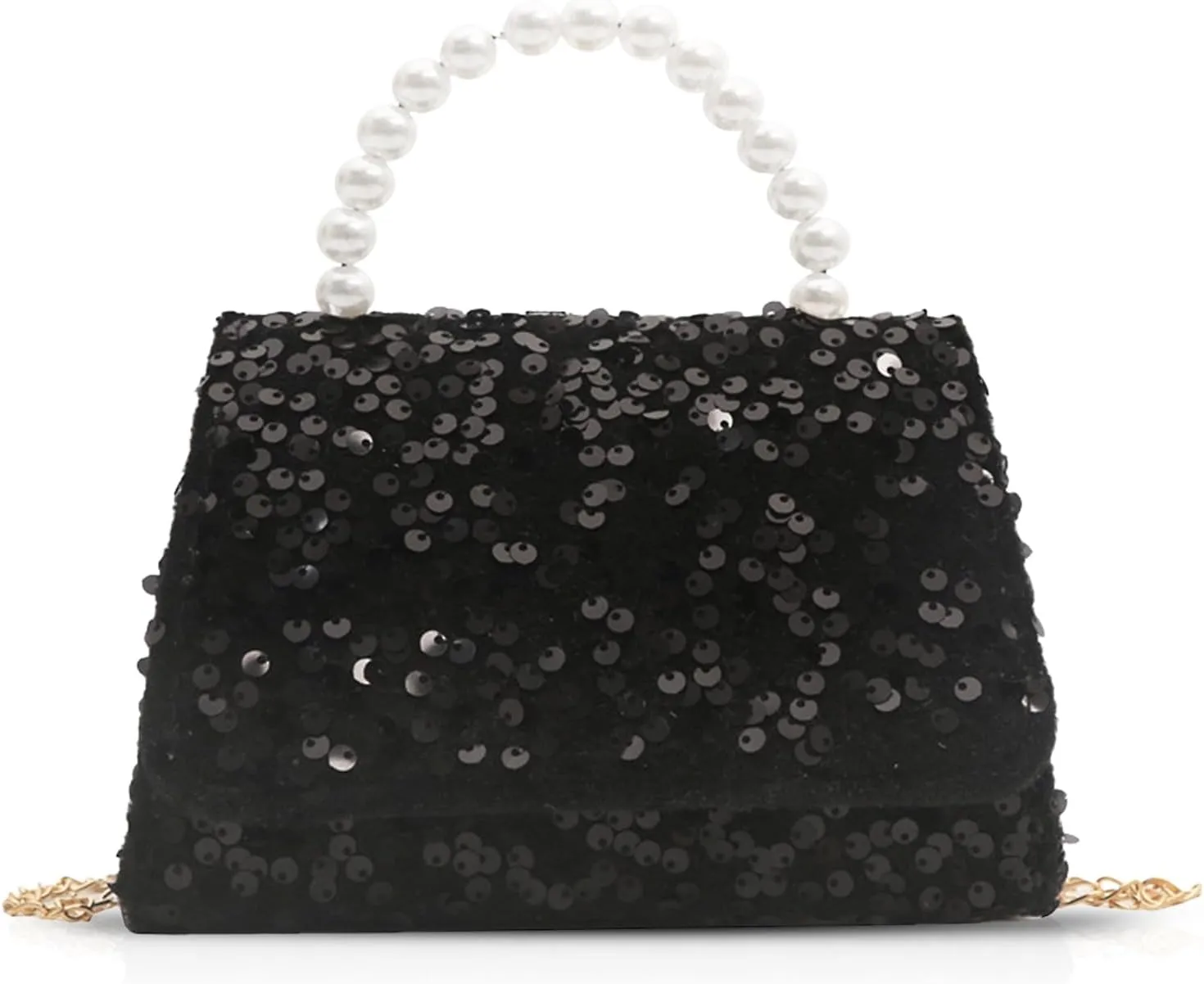 Evening Bag for Women, Sequin Pearl Handles Clutch Purses, Crossbody Bag for Wedding, Prom, Parties, Travel (Black)