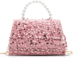 Evening Bag for Women, Sequin Pearl Handles Clutch Purses, Crossbody Bag for Wedding, Prom, Parties, Travel (Pink)